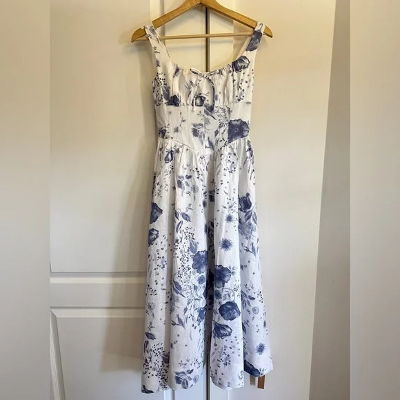 NWT Reformation Balia Midi Linen Dress in Lupine  Blue White Floral | size 2 - Picture 7 of 13